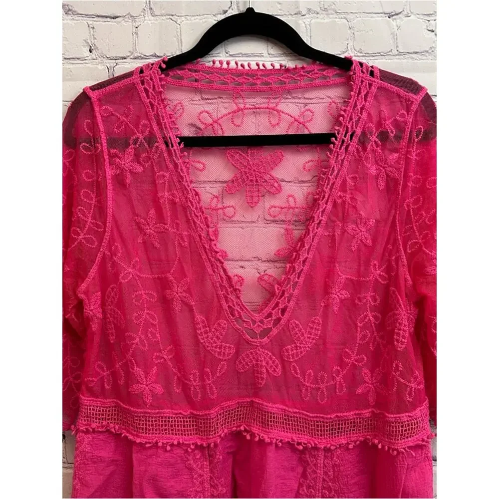 Women’s Sheer Lace V-Neck Swim Coverup Hot Pink Vacation Cruise One Size - Picture 2 of 9
